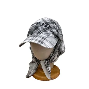 Plaid sun protection hat with neck scarf and Freedom embroidery on a classic beret