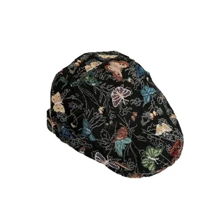 Vintage flat cap with colorful butterfly jacquard pattern and adjustable metal buckle