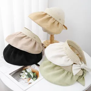 Women Sun Visor Hat Empty Top Wide Brim Straw Weaving Bow Tie Pleated Chiffon Summer Beach Sun Protection UV Shield Hat