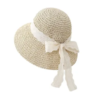 Sombrero de paja para mujer con ala ancha y lazo de encaje blanco para el verano