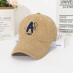 Retro khaki washed cotton baseball cap with blue letter A embroidery for women