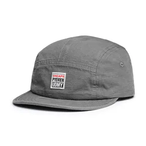 Detail of grey ripstop camper hat featuring the OSCAPS woven label and metal eyelets