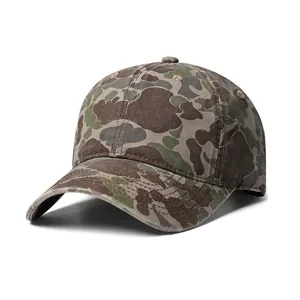 Close-up of camouflage baseball cap showing durable canvas fabric and six-panel stitching