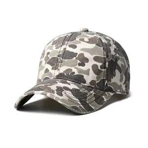 Detail of camouflage canvas baseball cap with reinforced stitching and top button