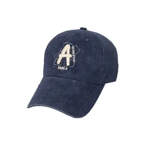 Vintage navy blue denim baseball cap with embroidered letter A patch and active style text