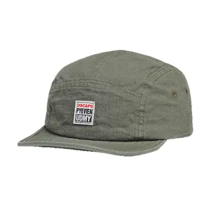 Army green five-panel canvas camping hat with retro embroidered patch and metal eyelets