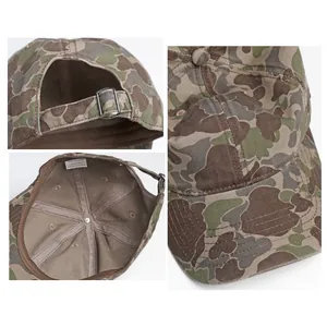 Detailed views of camo baseball cap showing adjustable metal buckle and cotton texture