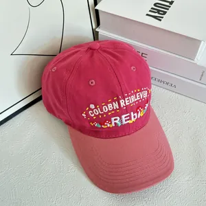 Pink two-tone mushroom embroidered cotton baseball cap with wide brim for women