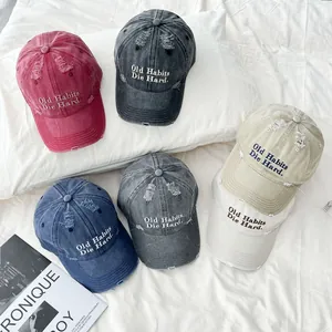 Gorra de Béisbol Bordada Desgastada Letra Old Habits Die Hard Algodón Lavado Estilo Denim Ajustable Sombrero de Sol Moda Hombre Mujer