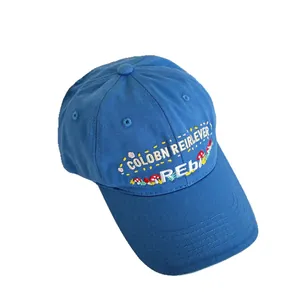 Deep blue cotton baseball cap with colorful forest embroidery and wide brim for women