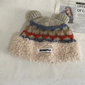 Winter plush knit earflap hat with bear ears and warm sherpa fleece lining for women