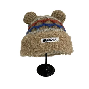Women's warm bear ear knit hat with fleece lining and khaki lamb wool brim