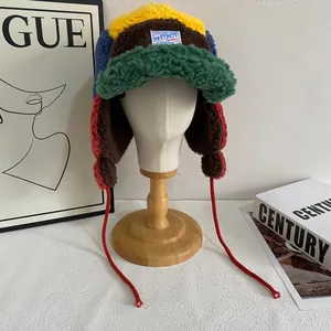 Gorro de Trampero de Lana de Cordero de Patchwork Divertido Gorro de Aviador de Lana Engrosada de Invierno con Orejeras Gorra de Moda a Prueba de Viento para Hombre Mujer