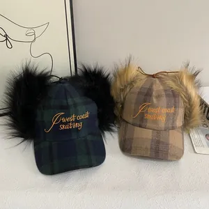 Winter fuzzy plaid baseball cap with earflaps and West Coast embroidery for warmth