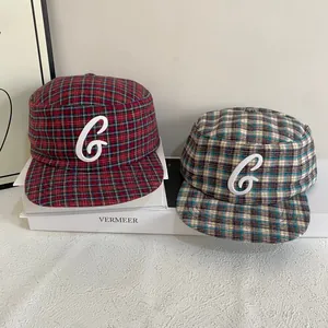 Retro plaid flat top army caps with 3D letter G embroidery for men and women