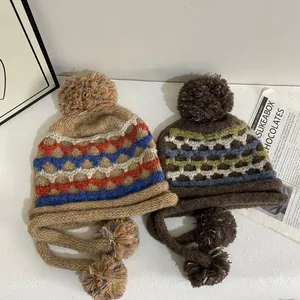 Winter Fair Isle knit hat with thick ear flaps and pom-poms for women's cold protection