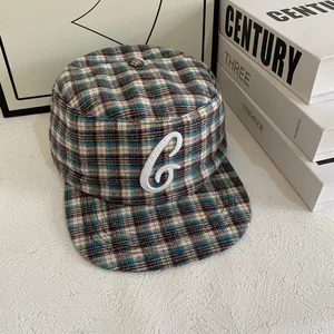 Retro plaid flat top baseball cap with white embroidered letter G and plaid pattern