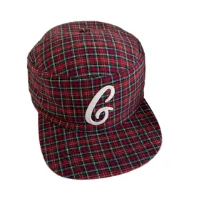 Classic red plaid flat brim baseball cap featuring white 3D embroidered letter C