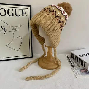 Women Fair Isle Knit Earflap Trapper Hat Winter Warm Fleece Lined Beanie With Pom Pom Geometric Jacquard Strap Lei Feng Hat