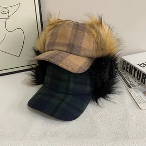 Women's Vintage Plaid Baseball Cap With Faux Fur Earflaps Winter Warm Windproof Trapper Hat For Outdoor Daily Wear