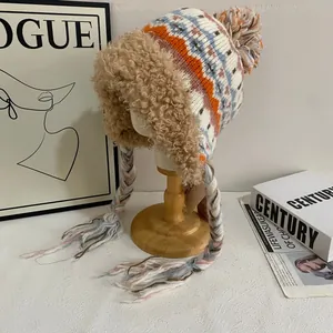 Chapeau de Trappeur en Polaire Épaissie pour Femmes Tricot Fair Isle Nordique Avec Cache-oreilles et Pompons Chapeau d'Hiver Chaud Coupe-vent