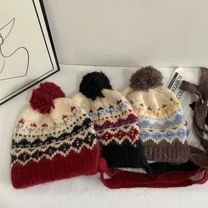 Women Winter Fair Isle Knitted Ear Protection Hat Fleece Lined Warm Pom Pom Jacquard Tie Strap Outdoor Riding Beanie