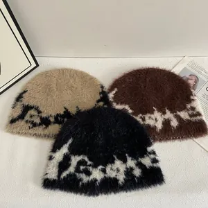 Damen Winter Slouchy Plüsch Beanie Mütze Warm Faux Mohair Strickmütze Koreanischer Stil Jacquard Buchstaben Muster Kälteschutz Mütze