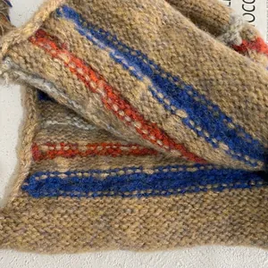 Detailed view of thick knit texture and colorful Fair Isle patterns on winter hat