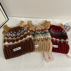 Gorro de Punto con Cornamentas Estilo Fair Isle para Mujer Sombrero de Invierno de Navidad Cálido y Grueso