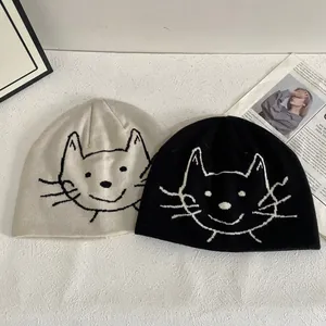 Bonnet en Tricot Jacquard de Chat Mignon pour Femme Automne Hiver Chaud Élastique en Laine Coiffure Quotidienne Douce