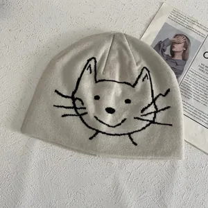 Bonnet en tricot jacquard chat mignon en beige avoine, bonnet d'hiver chaud doux
