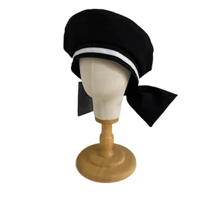 Sweet black beret hat with white stripes and bow, retro preppy style sailor hat for women