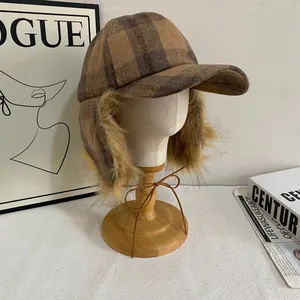Winter brown plaid baseball cap with warm plush ear flaps for women in retro style