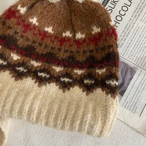 Close-up of Fair Isle jacquard knit pattern and soft texture on warm winter hat