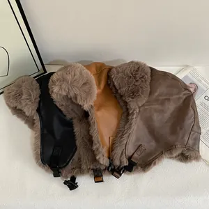 Winter Trapper Bomber Hat For Men Women PU Leather Faux Fur Earflap Lei Feng Hat Outdoor Skiing Windproof Warm Cap