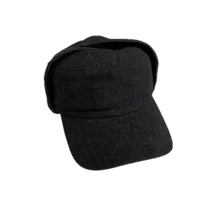 Vintage black flat top cadet cap with earflaps and warm lining for women's street style