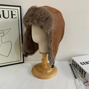 Maillard style brown PU leather aviator hat with warm faux fur lining and ear flaps