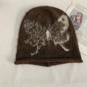 Brown fluffy knit beanie with butterfly embroidery for women, Y2K aesthetic style