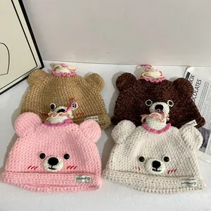 Süße Bärenohren Strickmütze Handgehäkelte Warme Wintergarnmütze Für Damen Mädchen Casual Cartoon Outdoor Tägliche Beanie Mütze