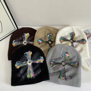 Vintage Graffiti Cross Ribbed Knit Beanie For Men Women Hip Hop Streetwear Warm Winter Hat Fashion Cold Cap Accessory
