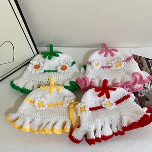Handmade Crocheted Flower Bucket Hat For Women Ruffle Edge Knitted Cotton Sun Hat Sweet Floral Design Fisherman Hat