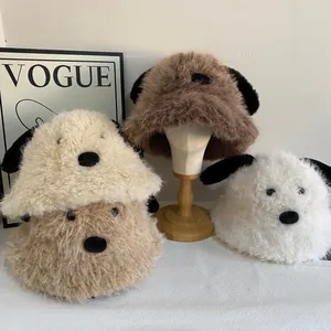 Cute Puppy Dog Ear Plush Bucket Hat Women Autumn Winter Warm Faux Fur Fisherman Hat Windproof Outdoor Basin Cap