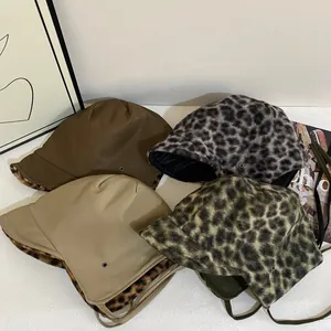 Winter Faux Leather Trapper Hat Men Women Warm Ear Protection Leopard Print Faux Fur Lining Windproof Aviator Snow Ski Cap
