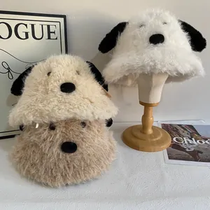 Cute plush puppy fisherman hat with long ears for winter, in white, beige, and coffee colors