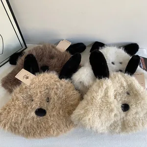 Cute plush puppy fisherman hat with long ears in four colors for winter warmth