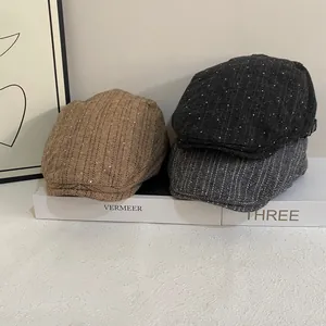 Vintage Herringbone Woolen Newsboy Cap With Shiny Sequins For Women Autumn Winter Warm Beret Flat Cap Casual Painter Hat