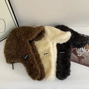 Fuzzy cream yellow and brown winter earflap hats for men and women with embroidery