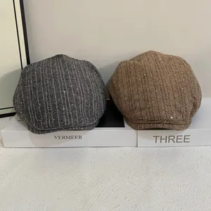 Chic herringbone beret hat in grey and camel with subtle silver sparkle sequins