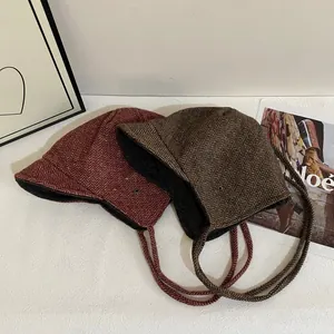 Women Winter Warm Trapper Hat Herringbone Tweed Ear Flap Cap With Ties Windproof Retro British Style Pilot Hat