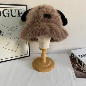 Cute plush puppy ear bucket hat for women with fluffy texture and brown spotted design